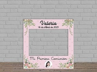 Oedim Photocall Mi Primera Comunión Fondo Rosa + Carteles Personalizado, photocall Decorativo para comuniones, decoración para Eventos