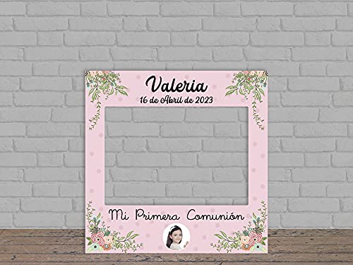 Oedim Photocall Mi Primera Comunión Fondo Rosa + Carteles Personalizado, photocall Decorativo para comuniones, decoración para Eventos