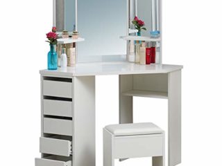OFCASA Blanco Tocador con 3 Espejos Mesa de Maquillaje con Espejo y 1 Taburete 5 Cajones 3 Estantes Tocador de Maquillaje de esquina 114 x 61 x 140 cm