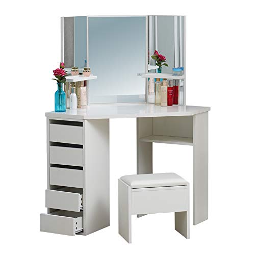 OFCASA Blanco Tocador con 3 Espejos Mesa de Maquillaje con Espejo y 1 Taburete 5 Cajones 3 Estantes Tocador de Maquillaje de esquina 114 x 61 x 140 cm