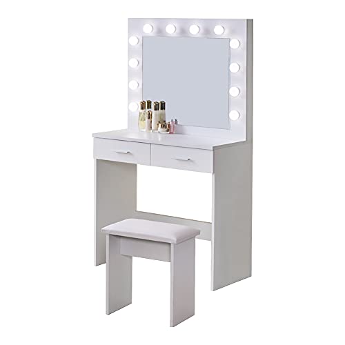 OFCASA - Juego de tocador de espejo con luces LED, diseño moderno y espejo Hollywood, mesa de almacenamiento con 2 cajones, para maquillaje, escritorio para dormitorio o vestidor