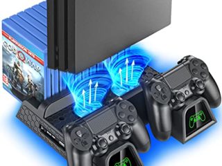 OIVO Soporte Vertical con Ventilador de Refrigeración para PS4/PS4 Pro/PS4 Slim, Estación de Carga del Mando ps4 con Indicadores LED y Almacenamiento para 12 Juegos