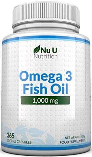 Omega 3 1000 mg - 365 Cápsulas - Aceite de Pescado con Ácidos Grasos EPA y DHA - 1 Año de Suministro - Nu U Nutrition
