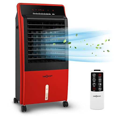 oneConcept CTR-1 – Enfriador de aire 4 en 1, Ventilador, Enfriador de aire, Humidificador, Limpiador de aire, Ionizador, Depósito de 8 L, Caudal de 360 m³/h, 65 W, Portátil, Mando a distancia, Carmesí