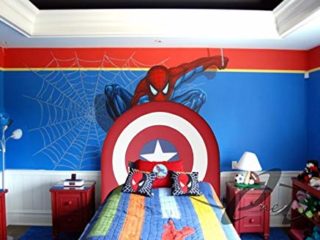 ONEK-DECCO Cabecero tapizado Mod.Cap. America Exclusivo,Cabecero niños, Polipiel Rojo y Azul, 90-105 Acolchado con Espuma, 8 cm de Grosor, Incluye herrajes para Colgar (105x125, Rojo y Azul)