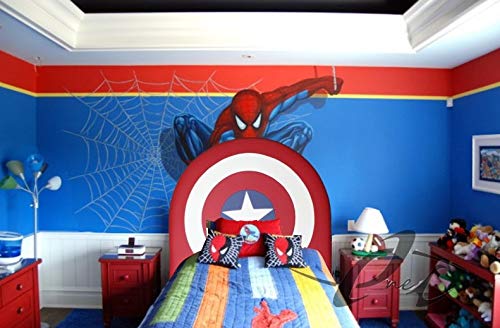 ONEK-DECCO Cabecero tapizado Mod.Cap. America Exclusivo,Cabecero niños, Polipiel Rojo y Azul, 90-105 Acolchado con Espuma, 8 cm de Grosor, Incluye herrajes para Colgar (105x125, Rojo y Azul)