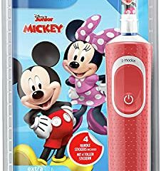 Oral-B Kids Mickey - Cepillo de dientes eléctrico para niños a partir de 3 años, 2 modos de cepillado para el cuidado dental, cerdas extra suaves, 4 pegatinas, color rojo