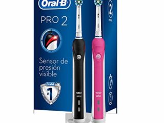 Oral-B PRO 2 CrossAction Cepillos de Dientes Eléctricos (Pack de 2) con Mangos Recargables, Tecnología Braun y 2 Cabezales de Recambio, Temporizador Integrado y Control de Precisión - Rosa/Negro