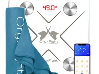 ORYXFIGHT - Anómetro, báscula inteligente, báscula con batería recargable mediante USB, Bluetooth, 12 datos de análisis + toalla de microfibra