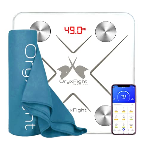 ORYXFIGHT - Anómetro, báscula inteligente, báscula con batería recargable mediante USB, Bluetooth, 12 datos de análisis + toalla de microfibra