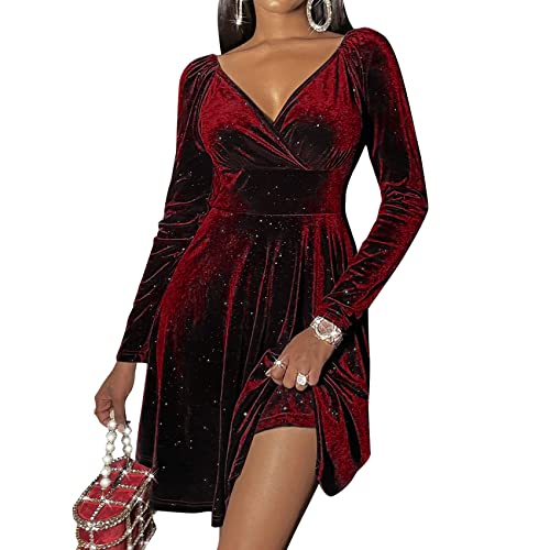 OtoñO E Invierno Moda Casual Mujer con Cuello En V Color SóLido Terciopelo Vestido Falda Cintura Delgada LíNea A Falda Vestido Corto Mujer