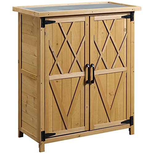 Outsunny Armario de Madera de Jardín 75x40x90 cm 0,24 m² para Almacenamiento de Herramientas con 2 Puertas 4 Estantes y Techo Galvanizado para Exterior Terraza Natural