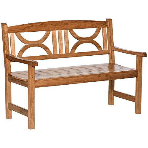 Outsunny Banco de Madera Maciza Exterior de 2 Plazas 123x61x89,5 cm Banco de Jardín con Respaldo Decorativo y Reposabrazos para Terraza Balcón Patio Carga 250 kg Natural