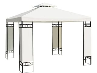 Outsunny Carpa 3x3m con Techo Ventilador Postes de Acero Estable para Exteriores Patio Jardín Pabellón Cenador Estructura Metálica Color Crema