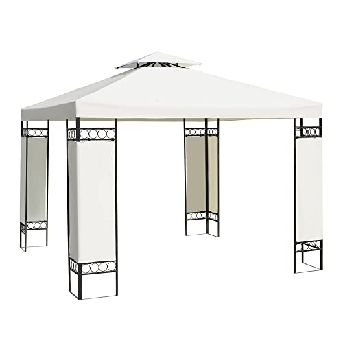 Outsunny Carpa 3x3m con Techo Ventilador Postes de Acero Estable para Exteriores Patio Jardín Pabellón Cenador Estructura Metálica Color Crema
