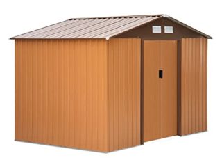 Outsunny Cobertizo de Jardín Exterior 5,2 m² 277x195x192 cm Caseta de Jardín Metálica para Almacenamiento de Herramientas con Base Incluida y 4 Ventanas Ocre