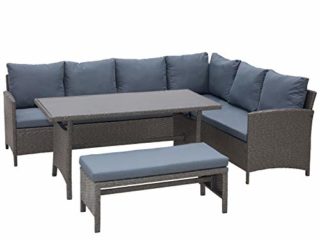 Outsunny Conjunto 4 Piezas Muebles de Ratán Espacio Amplio con Cojines Acolchados para Jardín o Terraza Patio 2 Sofá 1 Mesa 1 Banco de Exterior Tubo de Hierro Vidrio Templado Gris