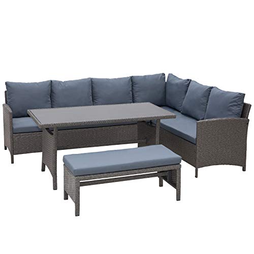 Outsunny Conjunto 4 Piezas Muebles de Ratán Espacio Amplio con Cojines Acolchados para Jardín o Terraza Patio 2 Sofá 1 Mesa 1 Banco de Exterior Tubo de Hierro Vidrio Templado Gris