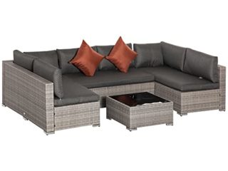 Outsunny Conjunto de Muebles de Jardín de Ratán 4 Piezas Mesa de Centro de Vidrio Sofá Doble y 2 Sofás Esquineros con Cojines Desenfundables para Terraza Exterior Gris