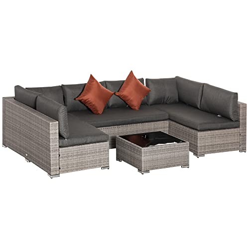 Outsunny Conjunto de Muebles de Jardín de Ratán 4 Piezas Mesa de Centro de Vidrio Sofá Doble y 2 Sofás Esquineros con Cojines Desenfundables para Terraza Exterior Gris