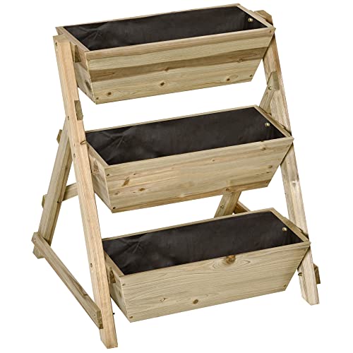 Outsunny Jardinera de Escalera de 3 Pisos Maceteros de Madera con Tela no Tejida y Orificios de Drenaje Huerto Urbano para Plantas Macetas Flores Jardín 71x61x77 cm Natural