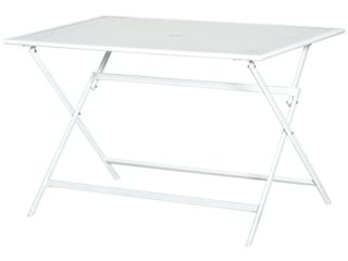 Outsunny Mesa de Jardín de Metal Plegable Mesa de Camping Rectangular de Vidrio Templado con Agujero para Sombrilla para Picnic Terraza Balcón 110x70x70 cm Blanco