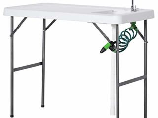Outsunny Mesa Plegable de Picnic con Fregadero Grifo y Pistola de Riego Extensible para Camping Barbacoa Exterior 114,5x59x94,5 cm Blanco