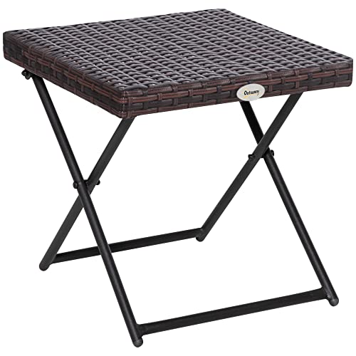 Outsunny Mesa Plegable para Jardín Terraza Patio de Ratán y Acero Inoxidable con Patas Cruzadas 40x40x40 cm Marrón