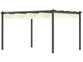 Outsunny Pérgola de Aluminio 4x3 m Cenador de Jardín con Techo Retráctil Tela de Poliéster y 8 Orificios de Drenaje para Patio Terraza Exterior Crema