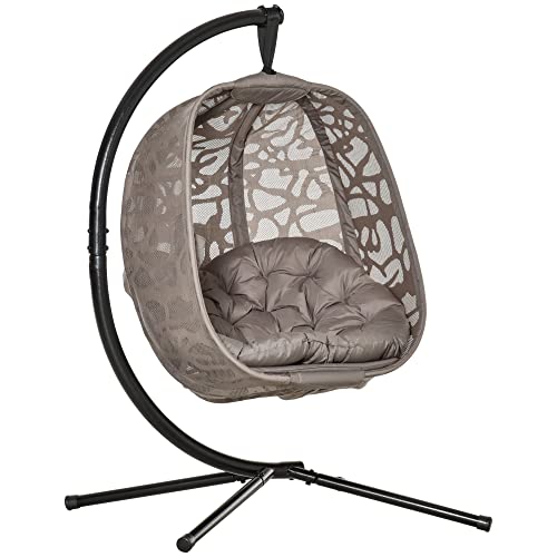 Outsunny Silla Colgante con Soporte de Acero Sillón Colgante Hamaca con Cesta Plegable y Cojines para Interiores y Exterior 126x96x172 cm Marrón
