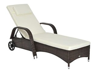 Outsunny Tumbona de Ratán de Jardín Chaise Longue con Respaldo Ajustable en 5 Posiciones Cojines Acolchados Reposacabezas y 2 Ruedas 200x73x30-103 cm Crema y Marrón