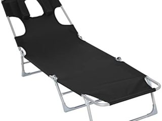 Outsunny Tumbona Reclinable y Plegable de Jardín con Orificio de Lectura Reposacabezas y Respaldo Ajustable en 5 Niveles para Playa 182x56x24,5 cm Negro
