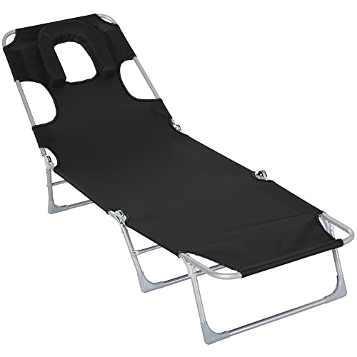 Outsunny Tumbona Reclinable y Plegable de Jardín con Orificio de Lectura Reposacabezas y Respaldo Ajustable en 5 Niveles para Playa 182x56x24,5 cm Negro