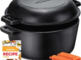 Overmont Olla Holandesa Cacerola de Hierro Fundido Tapa de Doble Función Sartén Plancha Pre Sazonado con Cubiertas de Manijas para Camping Cocina Casera Barbacoa con Receta de Libro Electrónico