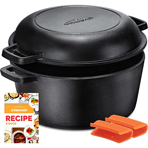 Overmont Olla Holandesa Cacerola de Hierro Fundido Tapa de Doble Función Sartén Plancha Pre Sazonado con Cubiertas de Manijas para Camping Cocina Casera Barbacoa con Receta de Libro Electrónico