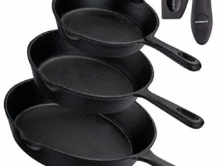 Overmont Pre-sazonado Sartén Ollas de Hierro Fundido para Freír, Utensilios de Cocina Seguros para Estufa, Barbacoa, Fogata, Varios Tamaños, Negro