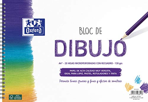 Oxford, Bloc Dibujo A4 Espiral. Tapa Blanda, Contratapa Rígida, 20 Hojas. Papel 130 gr con Recuadro.