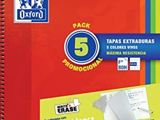 Oxford, Cuadernos A4 (Folio), Cuadrícula 4x4 Tapa Extradura, 80 Hojas. Pack 5 Libretas, Colores Surtidos Vivos