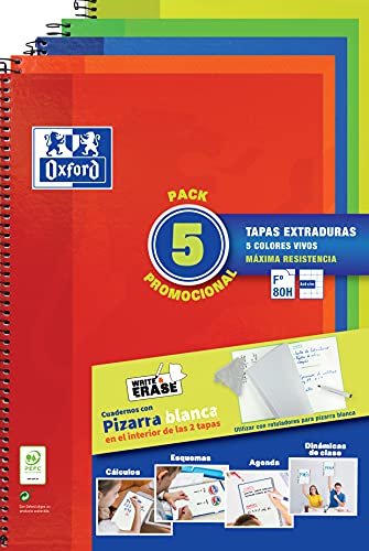 Oxford, Cuadernos A4 (Folio), Cuadrícula 4x4 Tapa Extradura, 80 Hojas. Pack 5 Libretas, Colores Surtidos Vivos