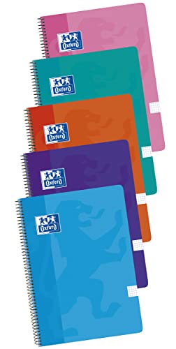 Oxford, Cuadernos A4 (Folio), Cuadrícula 4x4 Tapa Plástico, 80 Hojas. Pack 5 Libretas, Colores Surtidos Tendencia