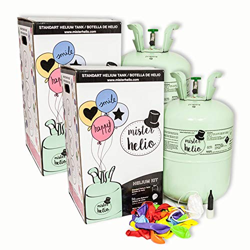 Pack 2 Bombonas de Helio Desechables Mister Helio (Para 50 Globos de látex incluidos). La botella de Helio más molona
