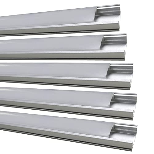 Pack 5x Perfil de Aluminio, 1 metro para Tira LED con Tapa Translucida. Tapones de los Extremos y clips de montaje Incluidos. Canaleta LED.