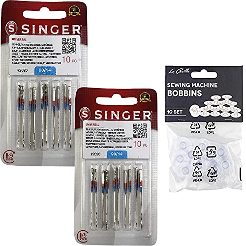 Pack de 20 Agujas para Máquinas de Coser Singer 2020 Universales Grosor 90/14 para Tejidos de Algodón y Sintéticos 130/705 H (Talón plano de un lado)