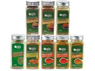 Pack de especias Masala. Ideal para regalo y uso diario. 8 Tarros de cristal, reutilizables. 5 especias chinas, Curry Dulce, Picante y Rojo, Garam Masala, Tikka Masala, Tandoori Masala