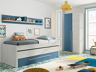 Pack habitación Juvenil con Cama Nido Estante de Pared, Armario y SOMIERES INCLUIDOS Color Blanco y Azul