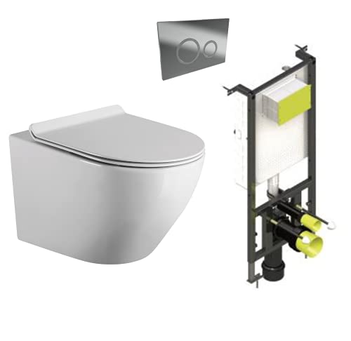 Pack Inodoro Suspendido + Cisterna Empotrada | Inodoro Empotrado con Fondo Reducido y Asiento Extrafino con Caida Amortiguada (Pack Wc Suspendido + Cisterna Empotrada + Pulsador Cromo)