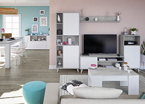 Pack Muebles para salón Comedor Completo Color Blanco y Cemento (Mesa TV + 2 estanterías + 1 Estante)