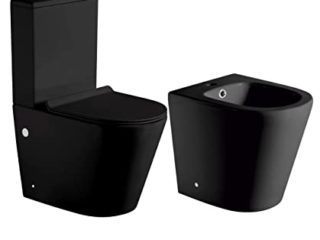 Pack Wc Inodoro NEGRO MATE Completo Redondo Rimless de Fondo Reducido con Cisterna y Tapa Extrafina con Caída Amortiguada + Bidet NEGRO MATE a Suelo de Baño Redondo
