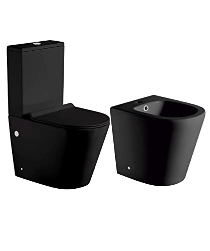 Pack Wc Inodoro NEGRO MATE Completo Redondo Rimless de Fondo Reducido con Cisterna y Tapa Extrafina con Caída Amortiguada + Bidet NEGRO MATE a Suelo de Baño Redondo