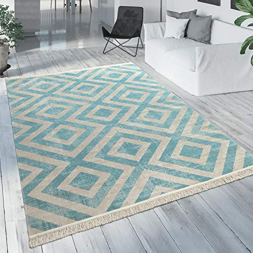 Paco Home Alfombra Exterior Azul Blanca Balcón Terraza Motivo Rombos Diseño Escandinavo, tamaño:80x150 cm
